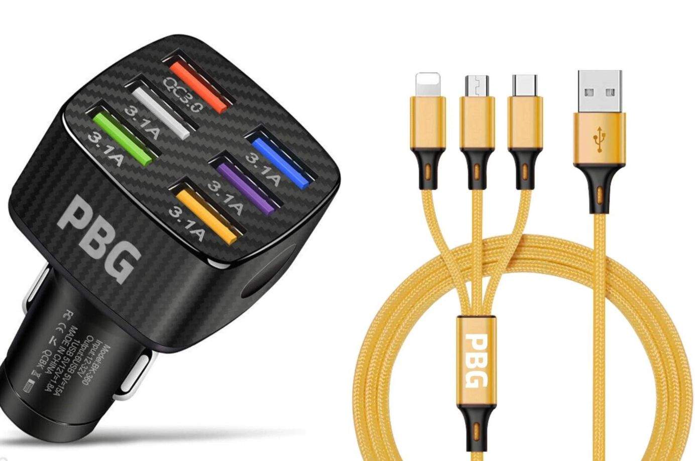 PBG LED 6 Port Car Charger and 4FT- 3 In 1 Cable Combo
