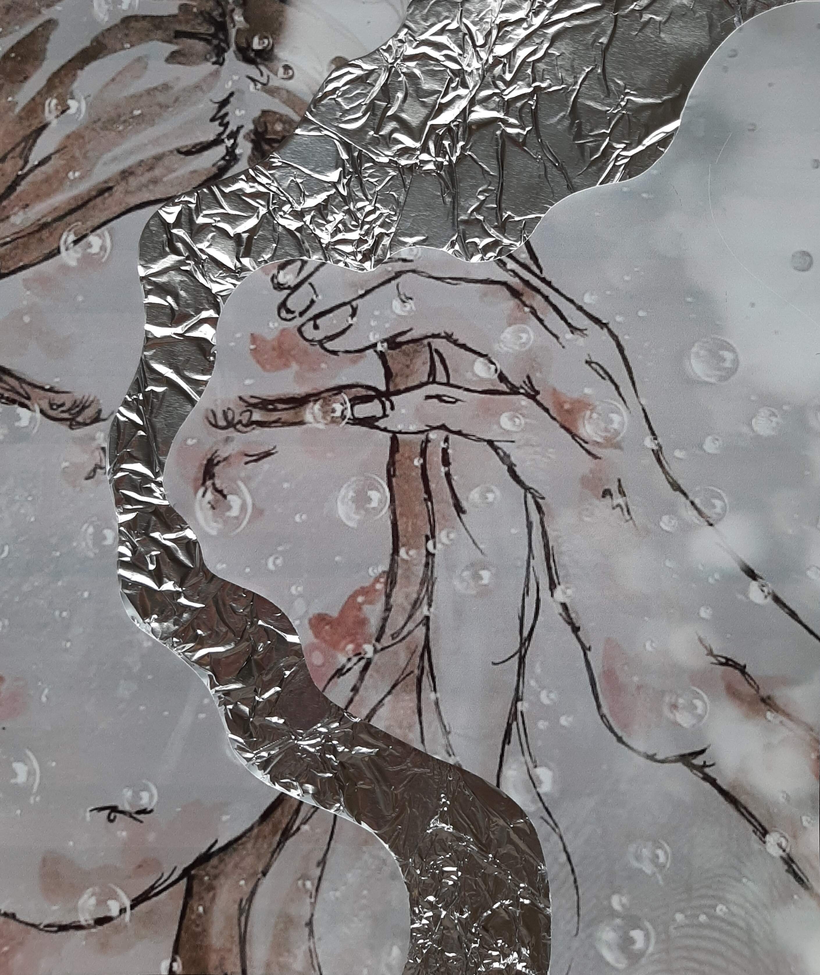 Watercolour & rain double exposure worked into with foil. (2020).
