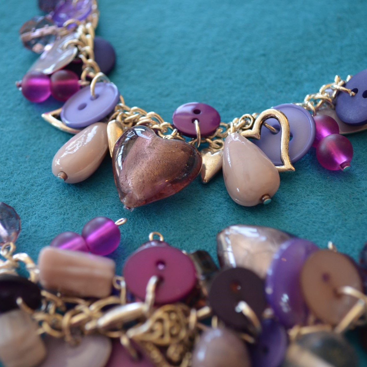 Purple Button, Bead & Charm Heart Necklace