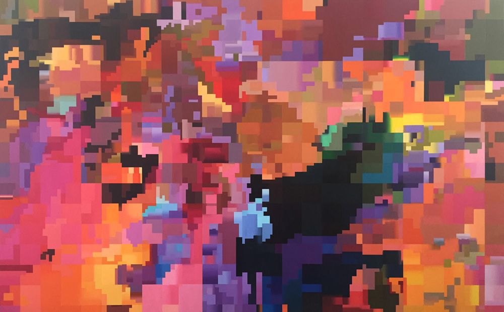 Oil painting by artist and painter Paul Lemmon in deep colours of blue, purple and orange depicting a pixelated frame from a glitched digital video