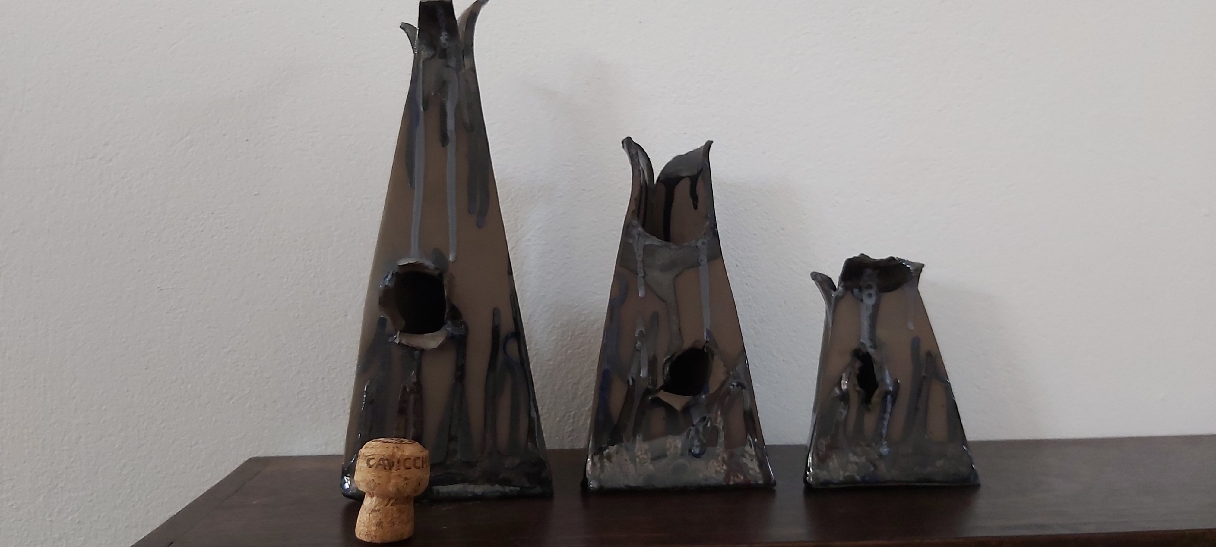 Set of three choc brown triangle shaped vases