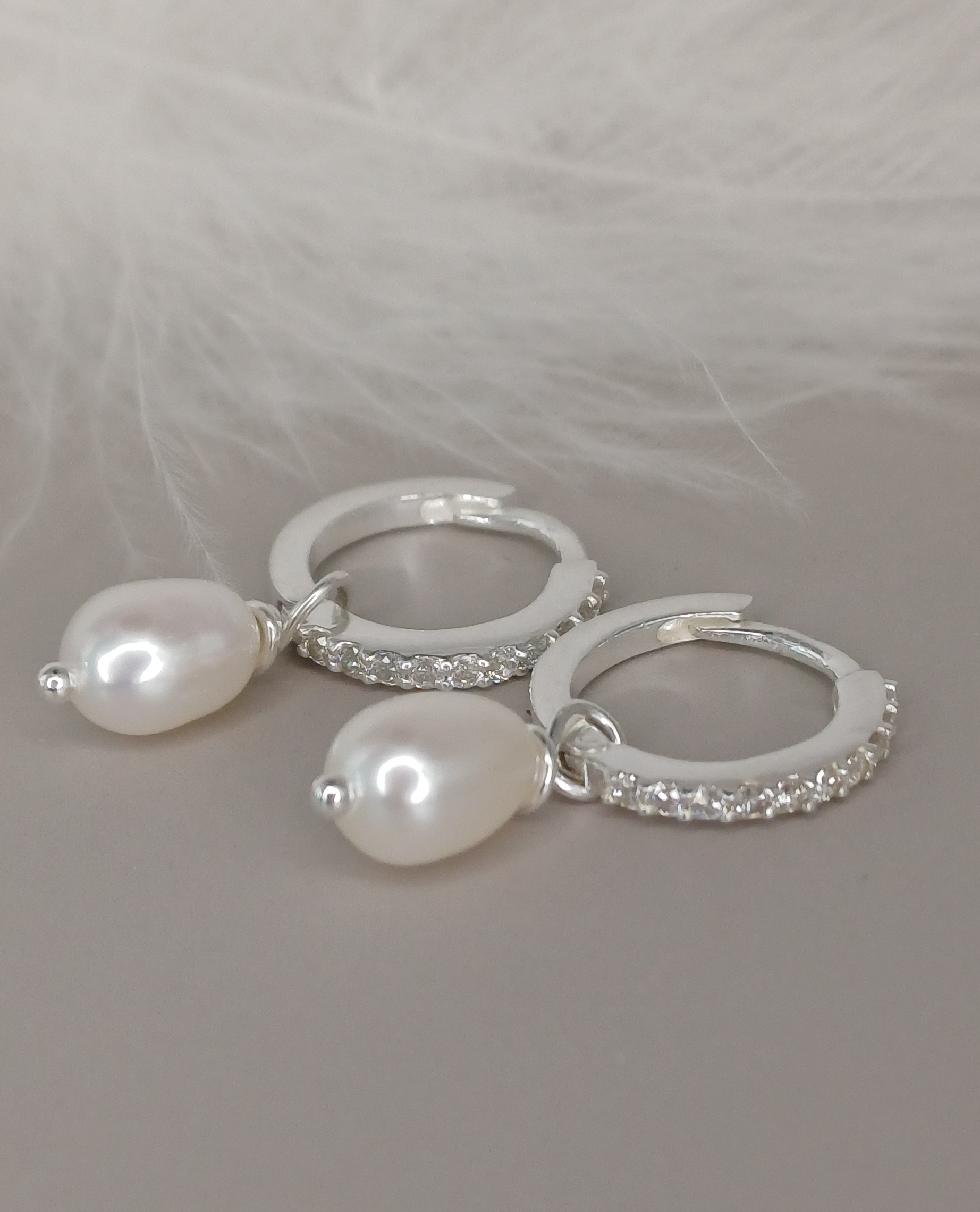 Silver Sparkly Huggie Hoops with Pearl Charms