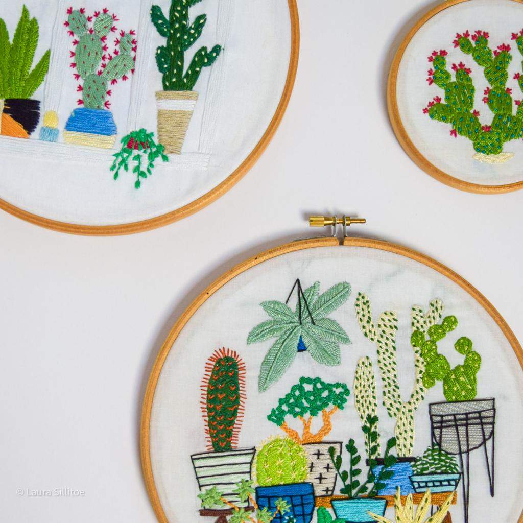 A collection of hand embroidery hoops inspired by the artist Sarah K Benning