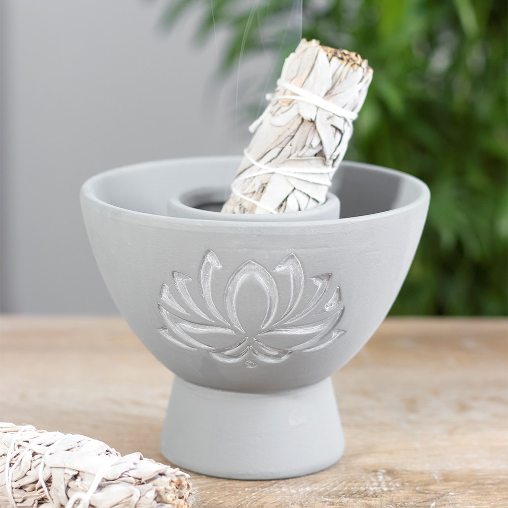 Smudge bowl - Grey lotus flower terracotta