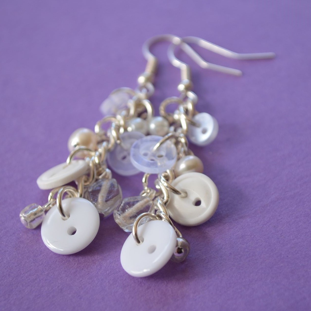 White Button & Bead Earrings