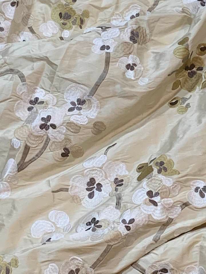 Very Long Cream Embroidered Silk Goblet Pleat Curtains