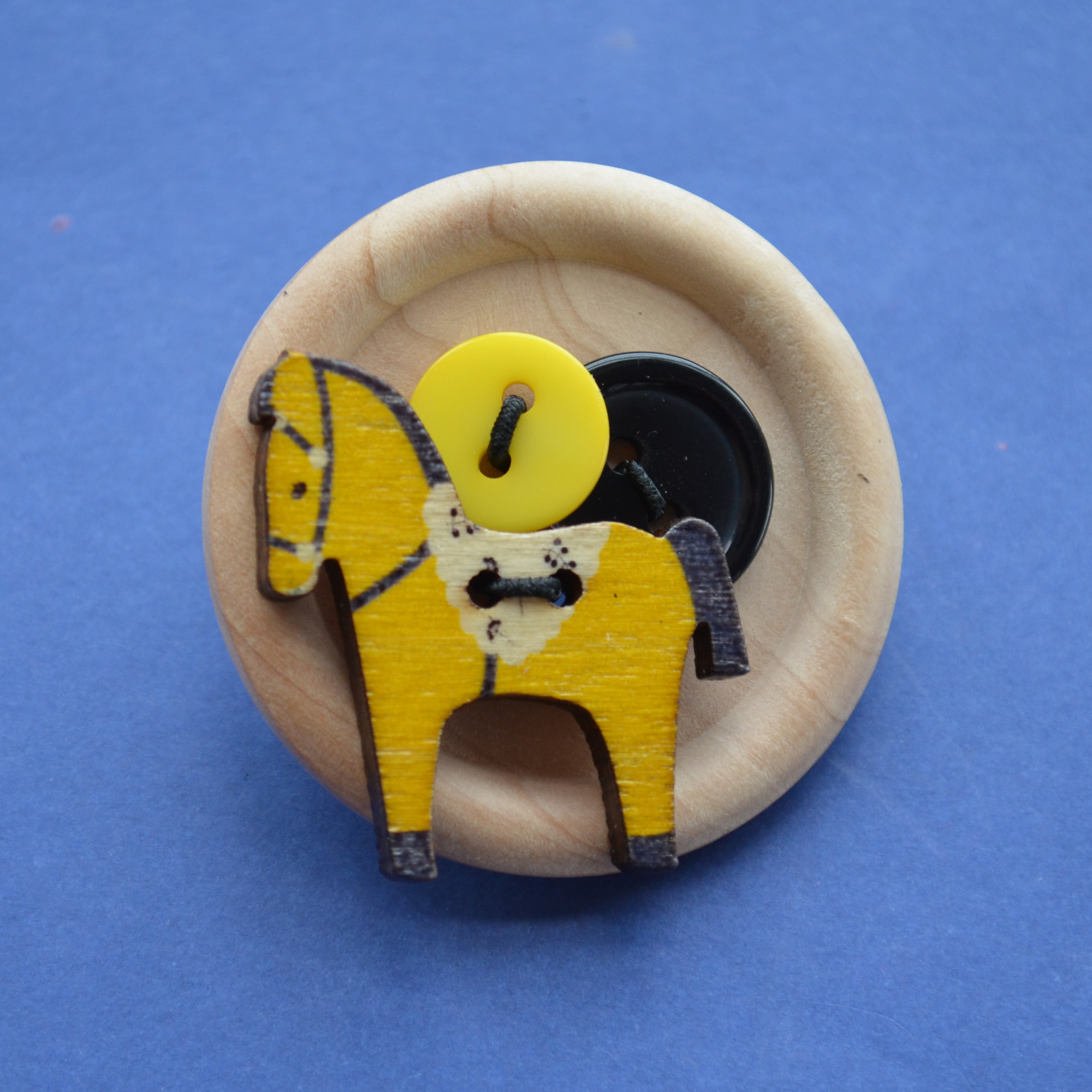 Horse Wooden Button Brooch