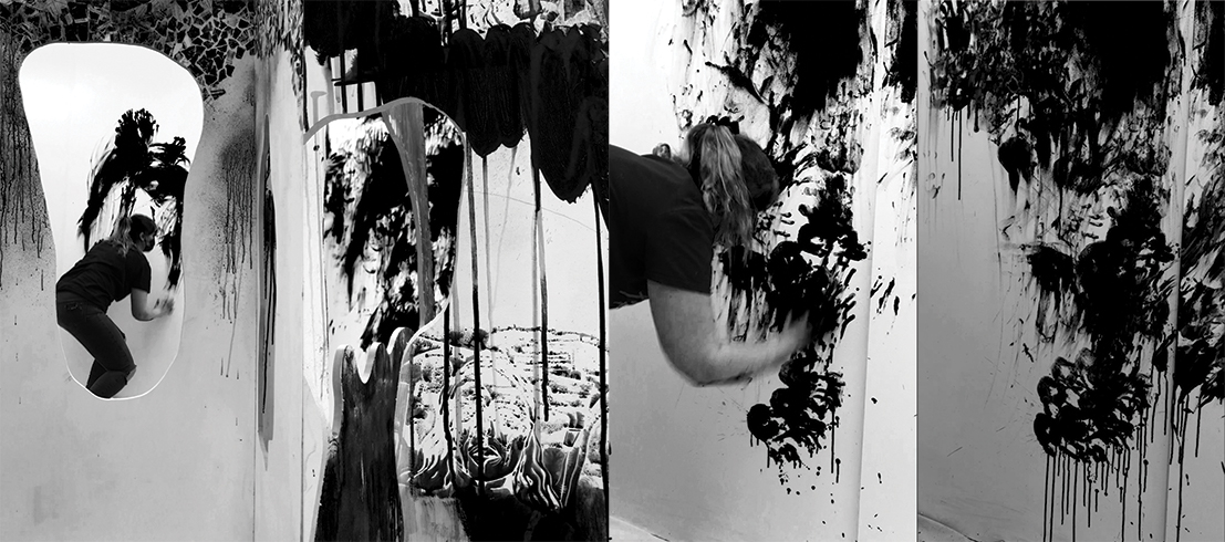 A series of 4 black and white photographs documenting a performance