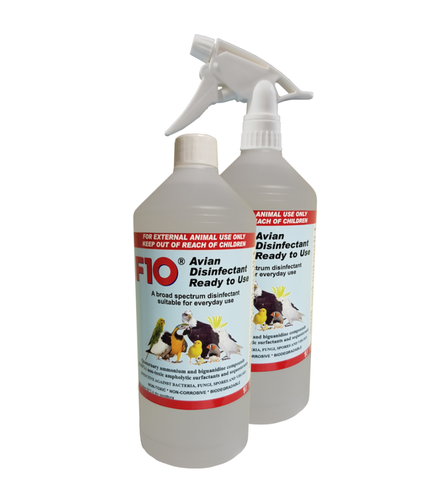 Two bottles of F10 Avian Disinfectant - Ready to Use - one with spray, one without