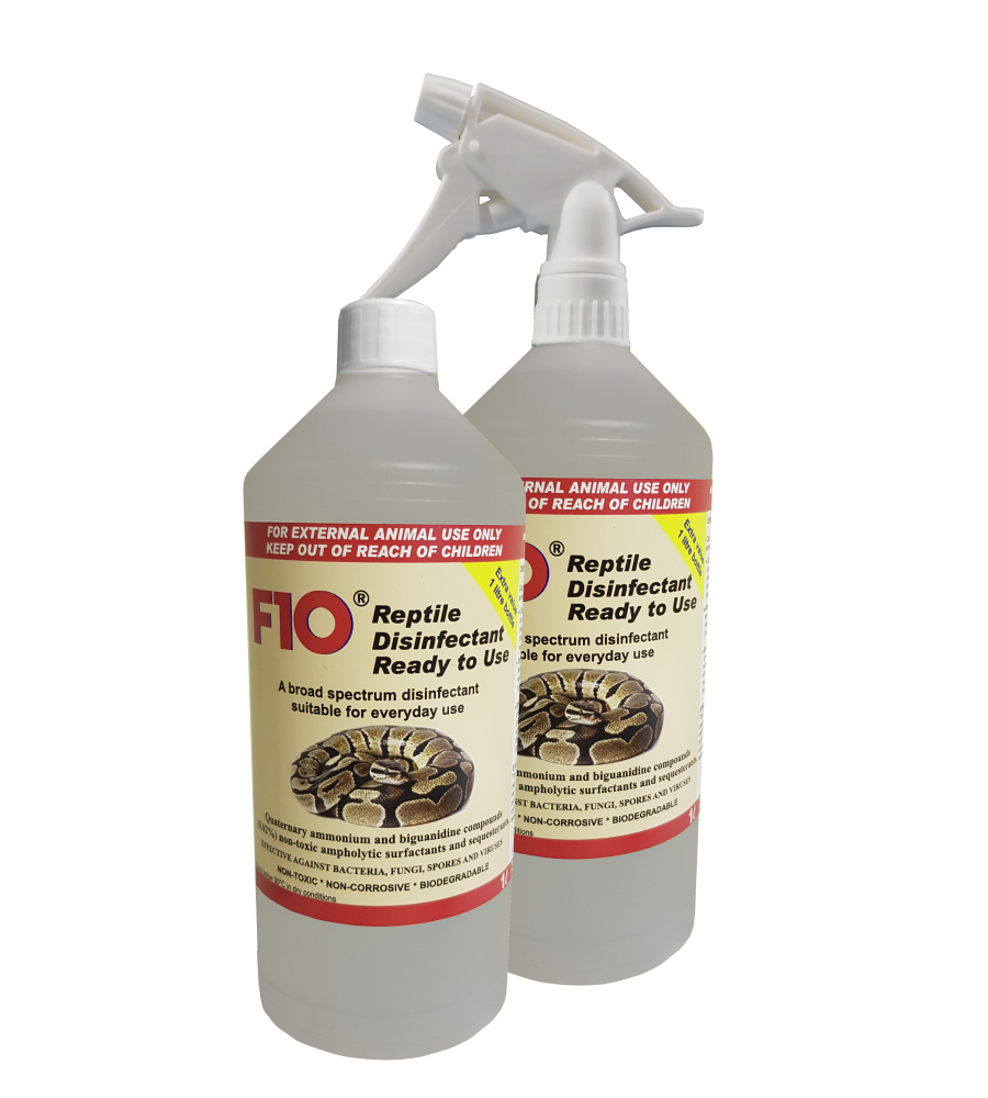Two bottles of F10 Reptile Disinfectant - Ready to Use - one with spray, one without