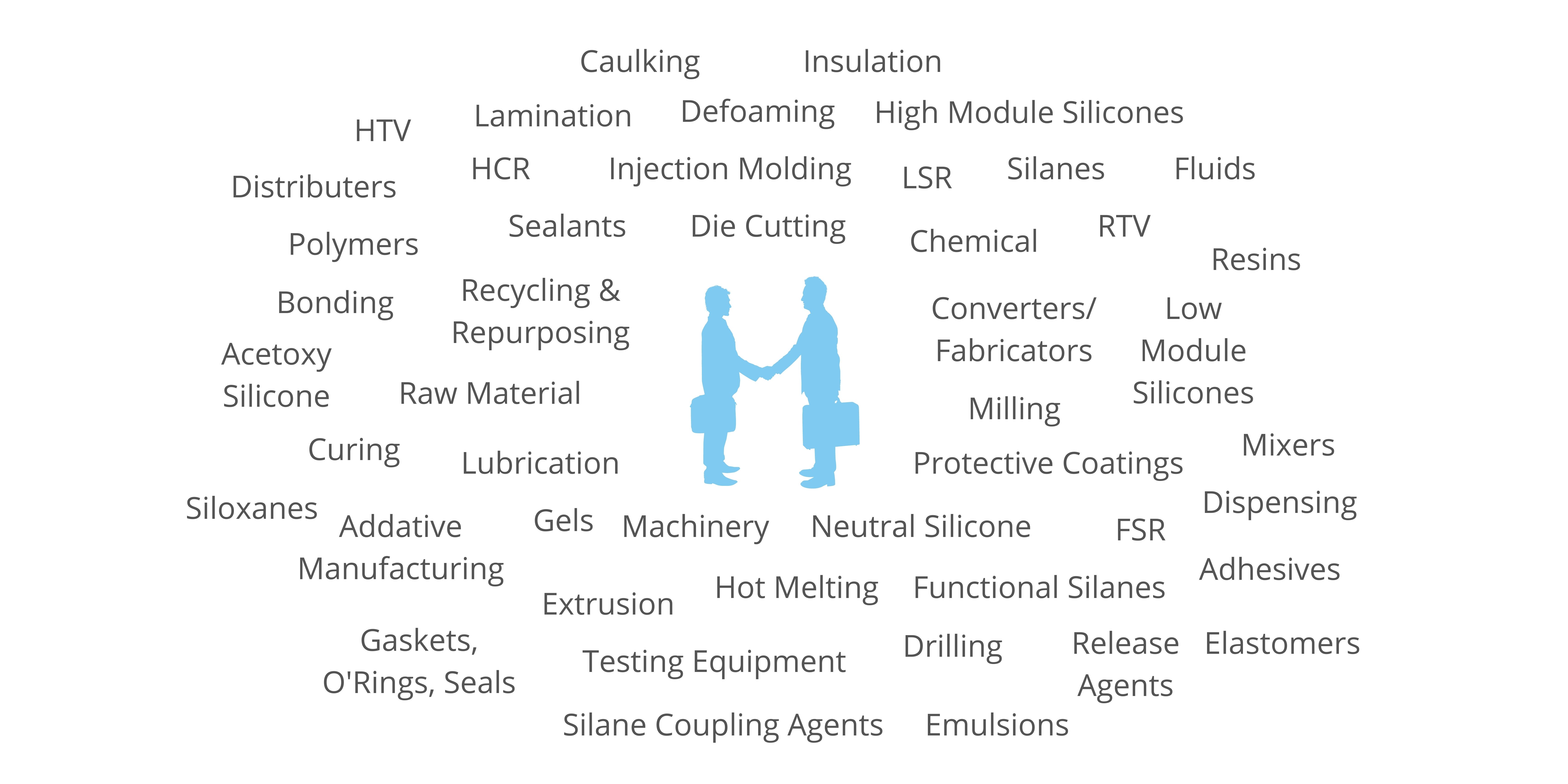 silicones, silicone, trade show, elastomers, fluids, resins, gels, silanes, silicon, gaskets, polymers, injection molding, extrusions, sealants, adhesives, lamination, release agent, automotive, aerospace, medical, construction, electronics, mass transit, hvac, converters, testing equipment, hot melting, fsr, hcr, emulsions, insulation, acetoxy silicone, chemical, raw material, high module silicones, lamination, lubrication, curing,