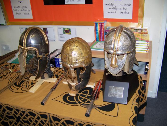 3 famous helemts Jorvik, Vendal and Sutton Hoo.