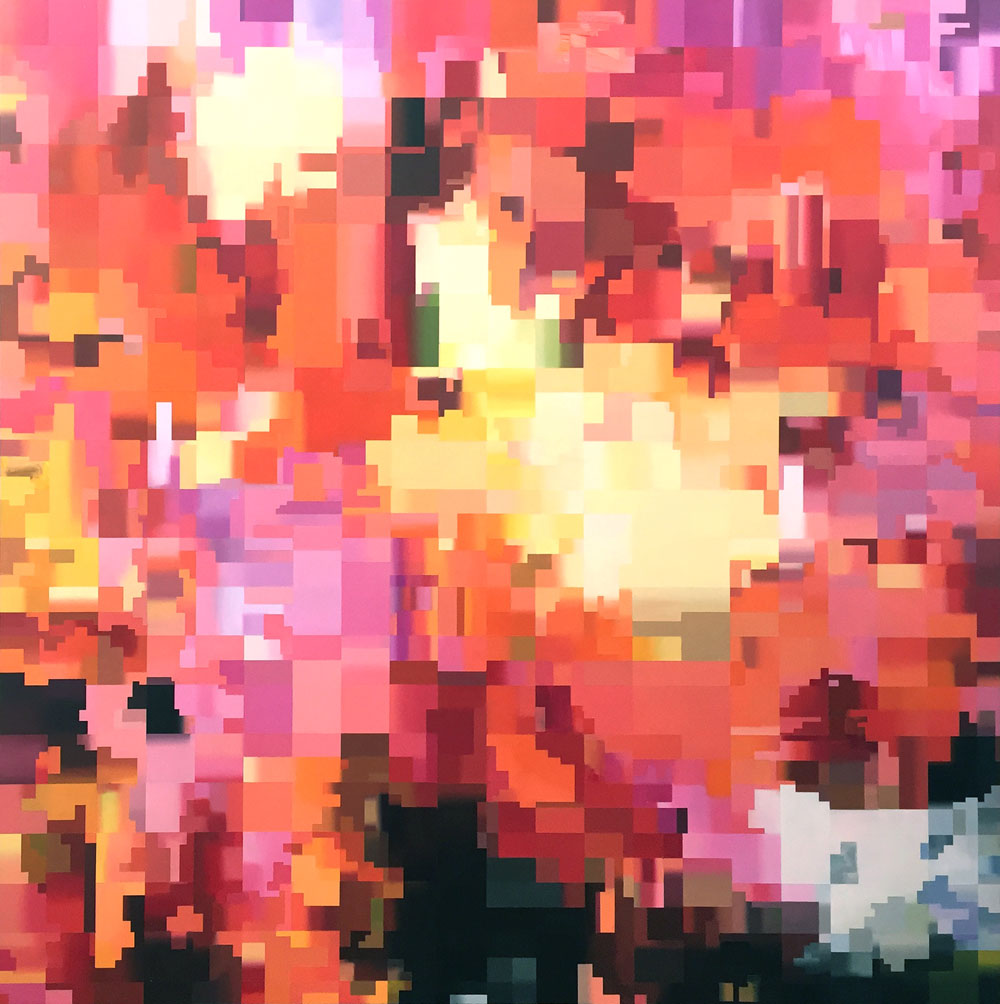 Oil painting by artist and painter Paul Lemmon in bright colours of yellow, red and pink depicting a pixelated frame from a glitched digital video