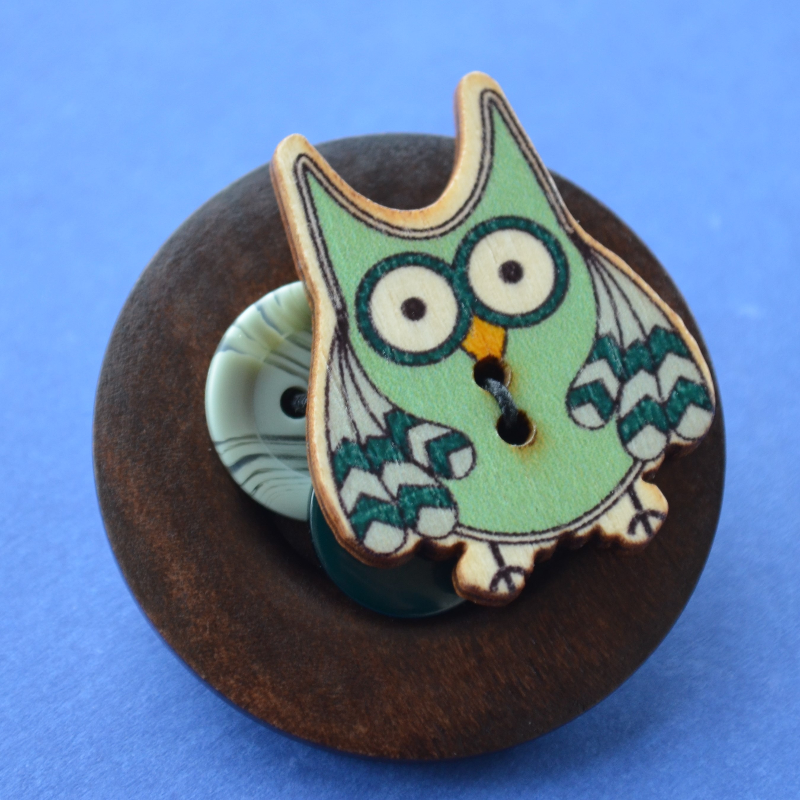 Owl Wooden Button Brooch