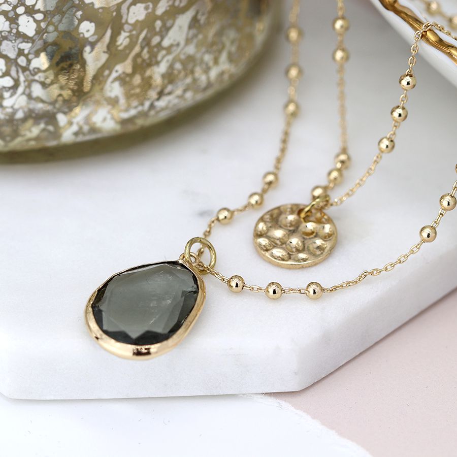 Double Strand Gold Necklace with Smoky Crystal