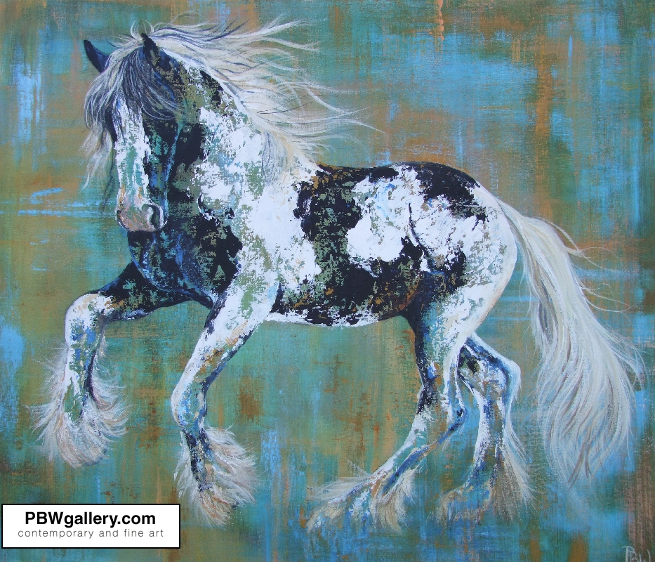 An energetic, prancing, Black and White Gypsy Cob painting