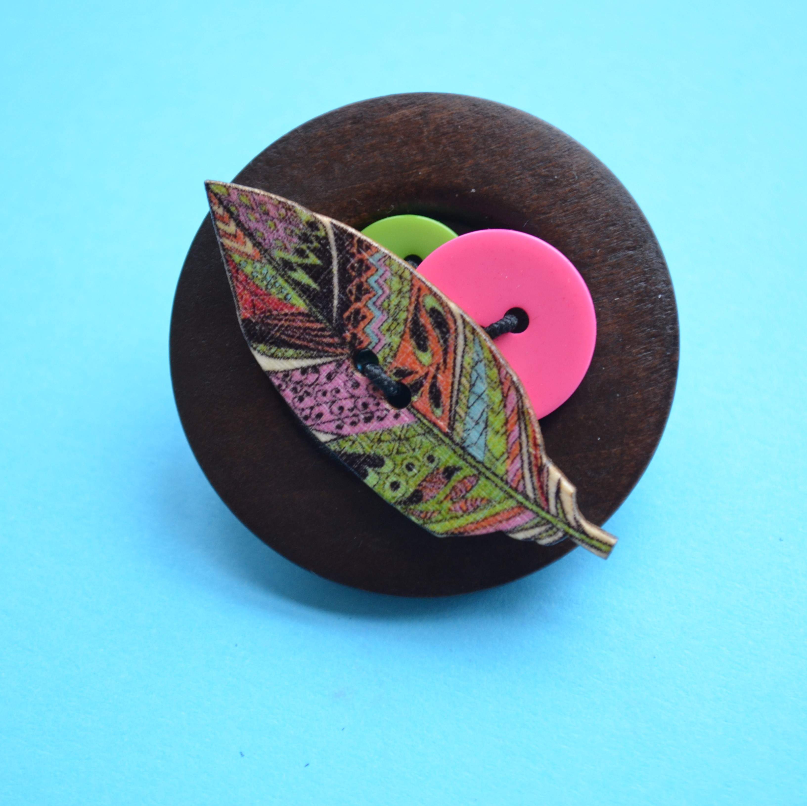 Feather Wooden Button Brooch