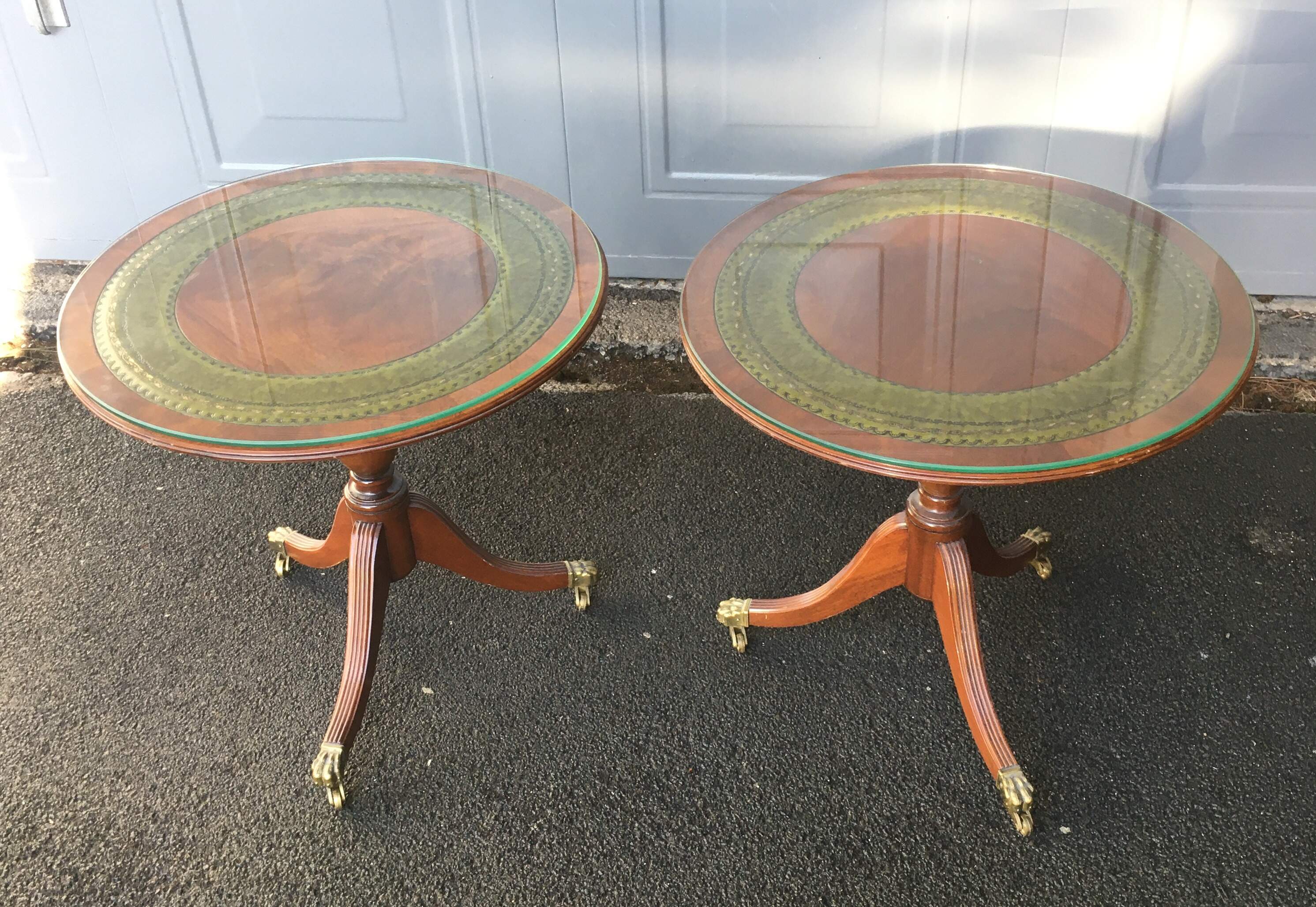 Pair of 20th Century Mahogany Tables with Leather Inset with Glass Tops