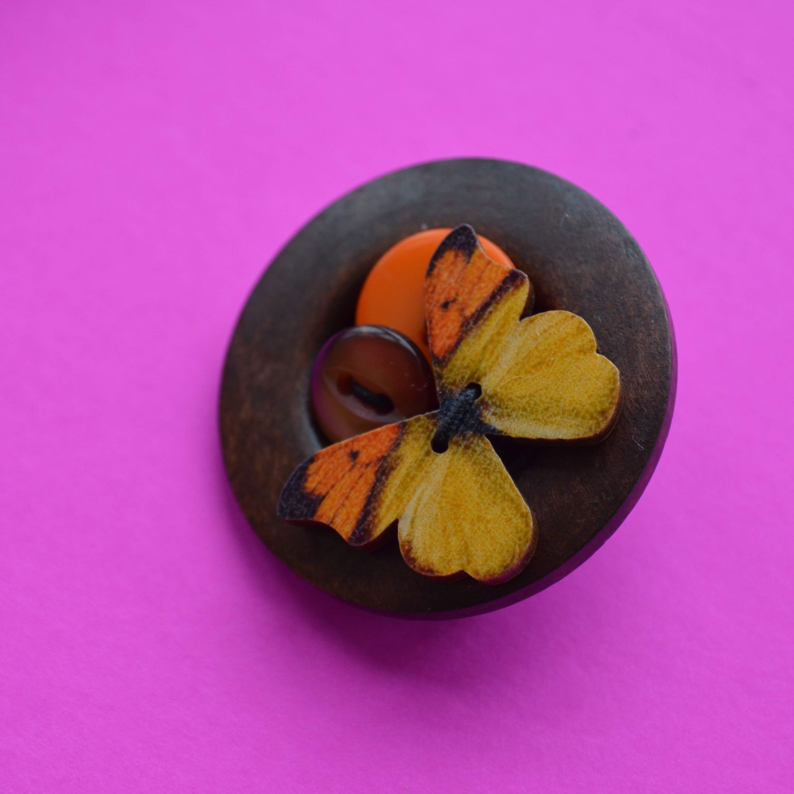 Butterfly Wooden Button Brooch