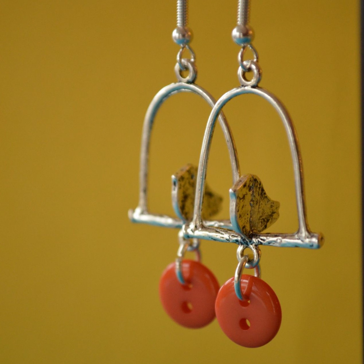 Orange Bird on a Perch Earrings