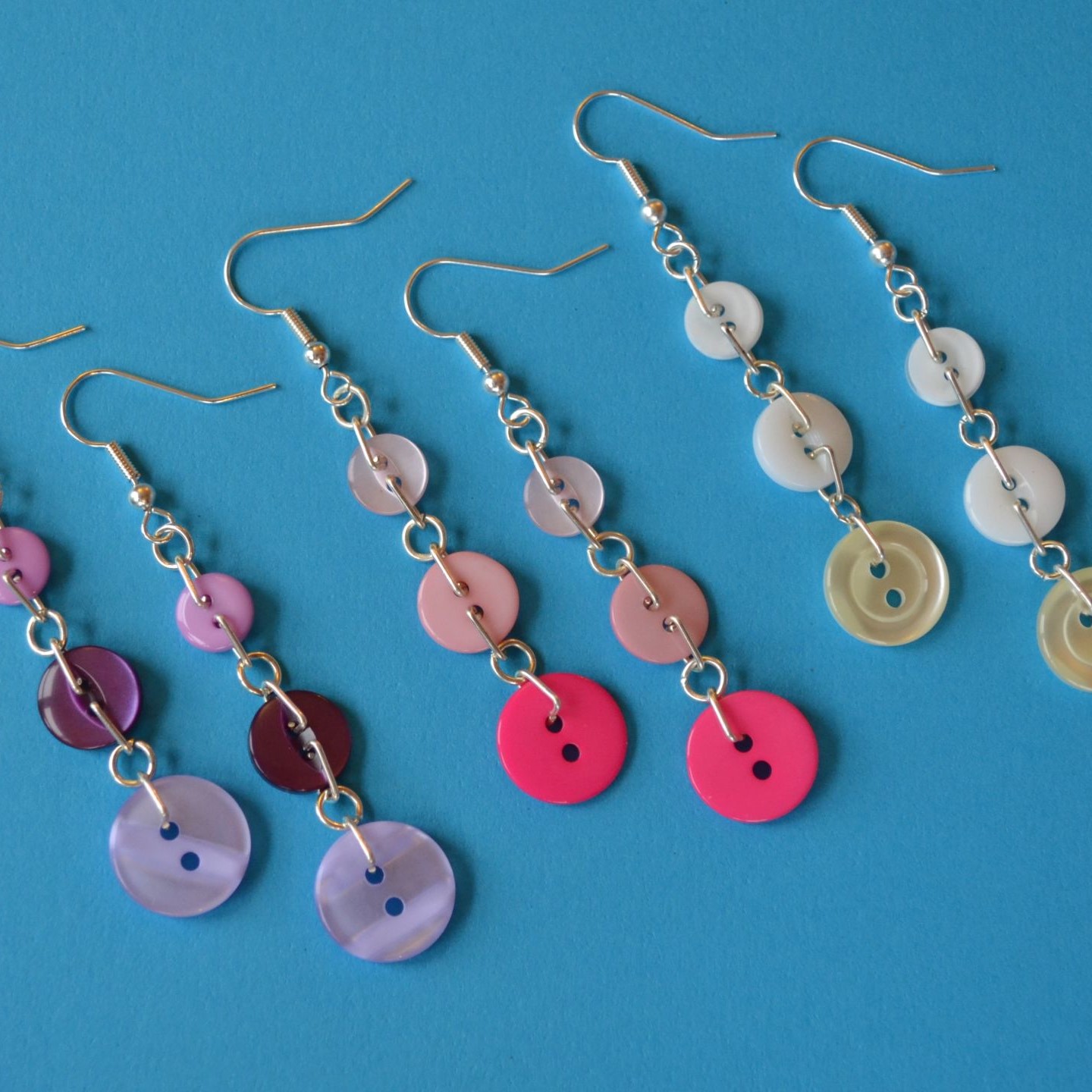 Purple Button Chain Drop Earrings