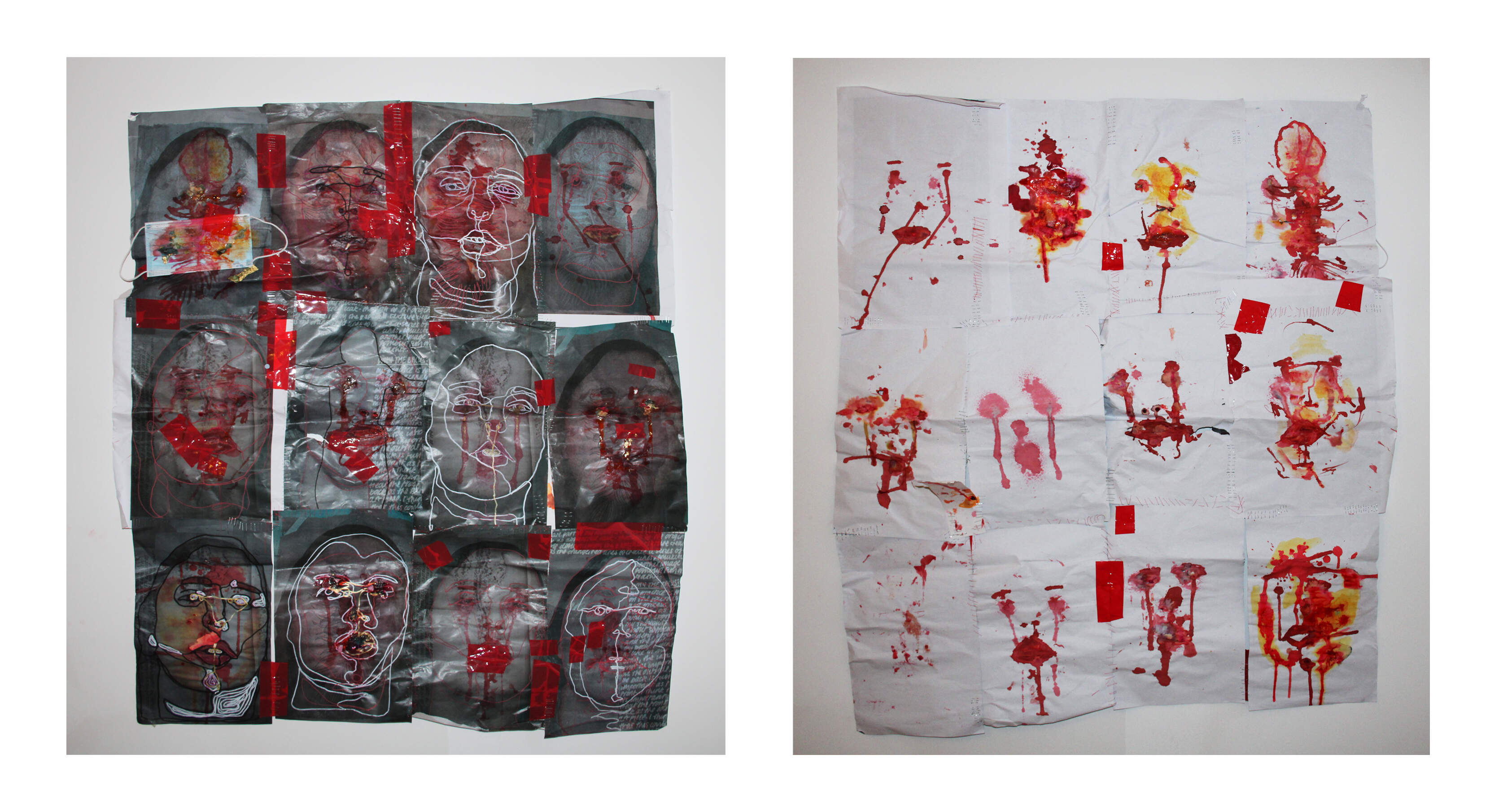 The front and back of 12 sewn A3 portraits using double exposures, inks, drawing, tape and thread.