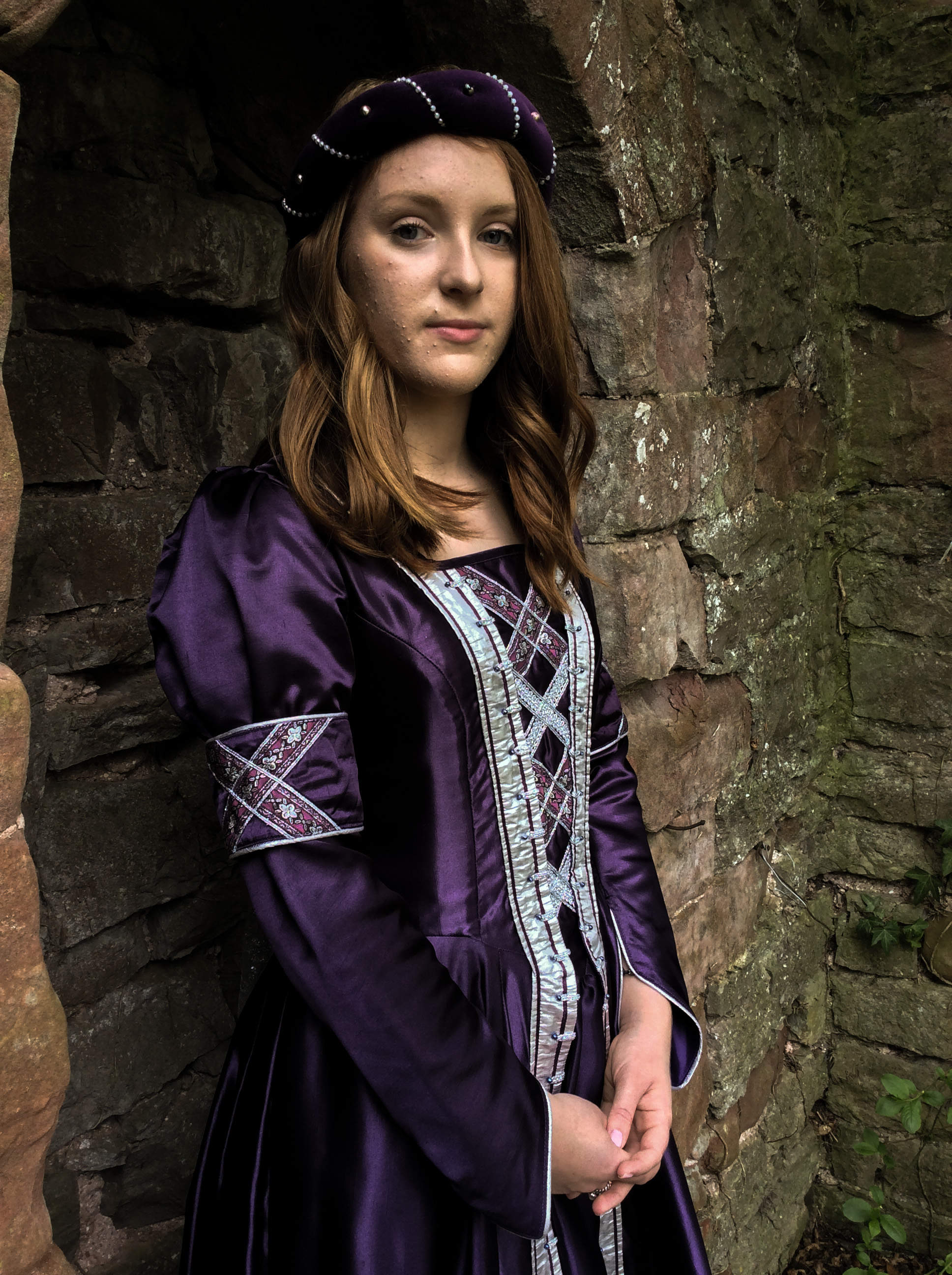 Purple lustre medieval gown with silver trimmings and silver beadwork