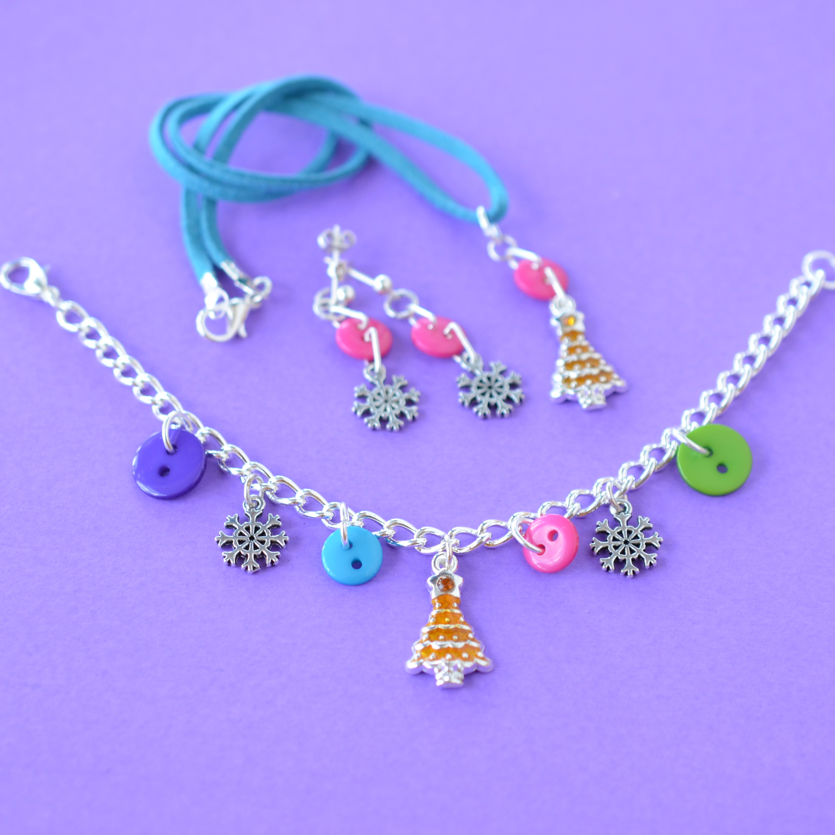 Christmas Tree Children's Festive Button Charm Necklace Choice of Colours