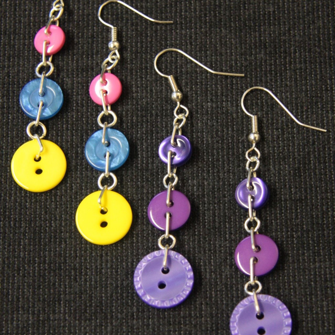 Purple Button Chain Drop Earrings