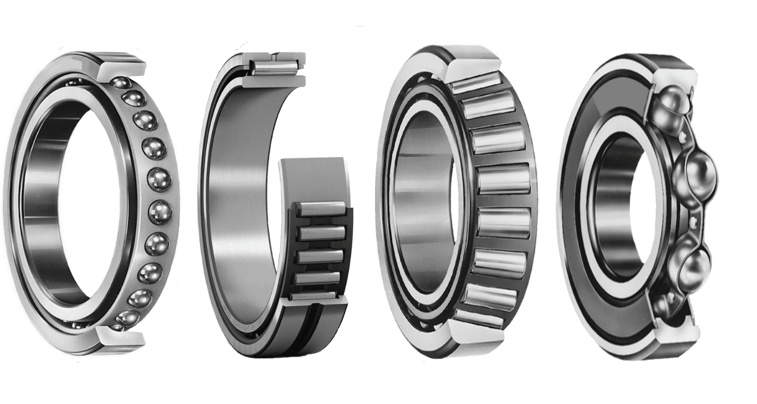 Cross section image of a Angular contact ball bearing, Needle roller bearing, Tapered roller bearing and a deep groove ball bearing