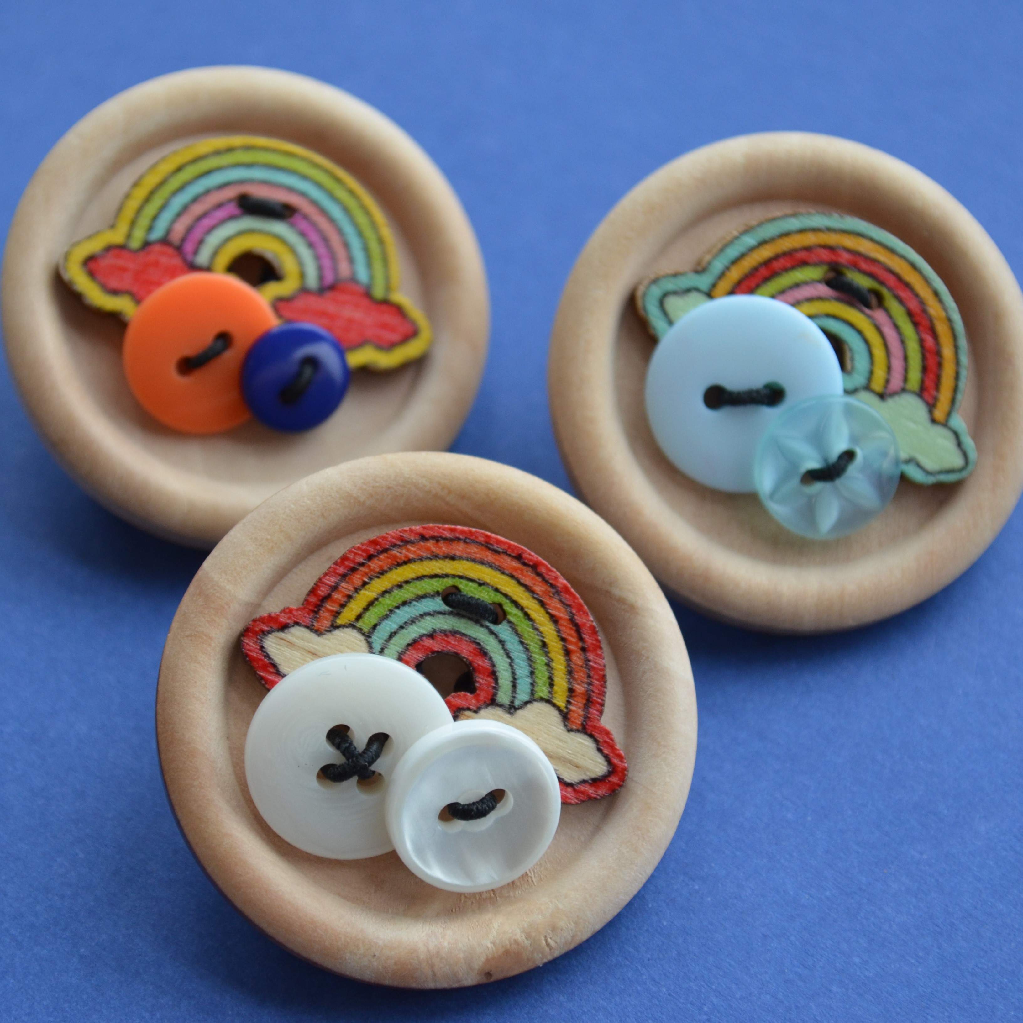 Rainbow Wooden Button Brooch