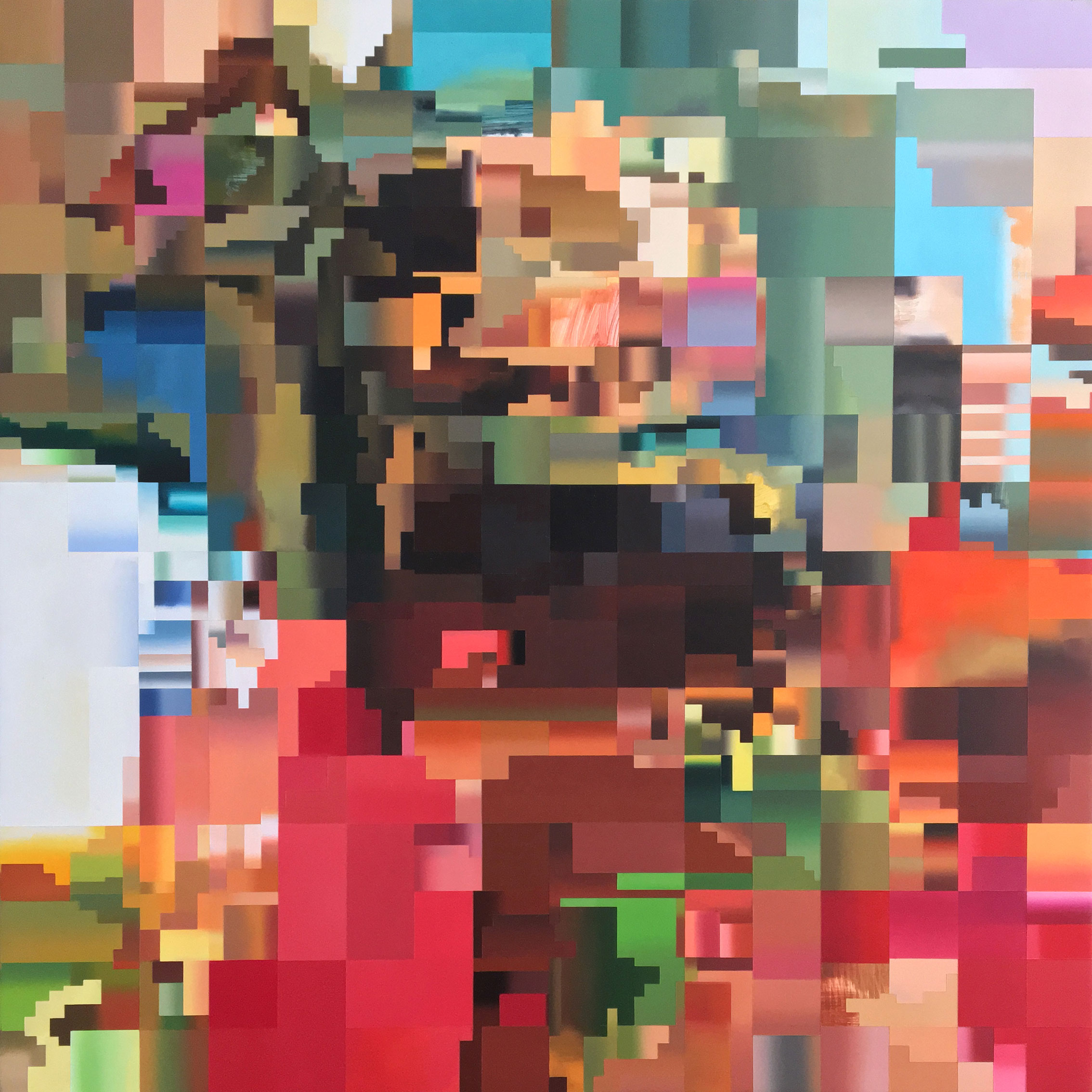 Oil painting by artist and painter Paul Lemmon in bright colours of blue, red and green depicting a pixelated frame from a glitched digital video