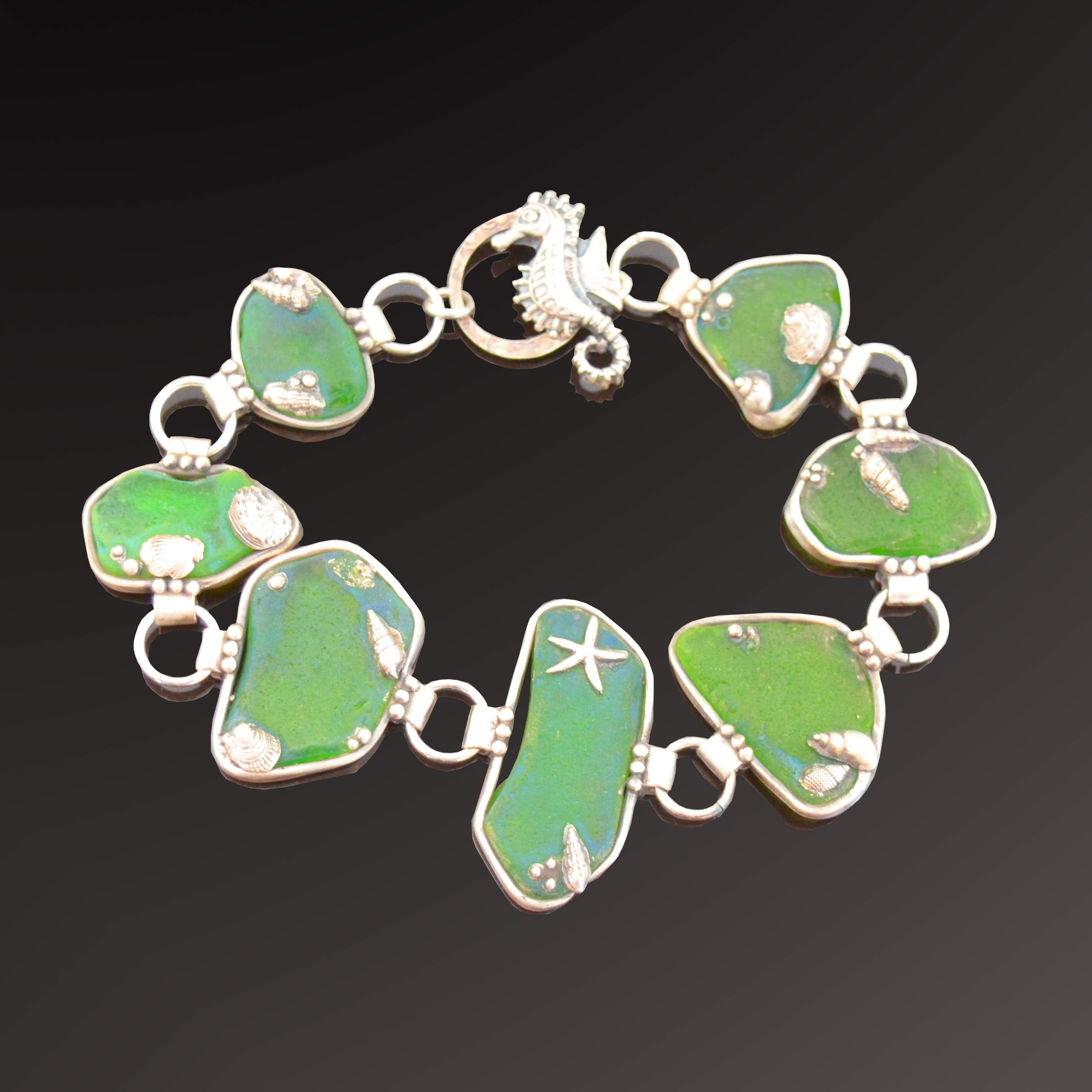Sea Glass Silver Clay Rock Pool Bracelet by Tracey Spurgin of Craftworx Jewellery Workshops