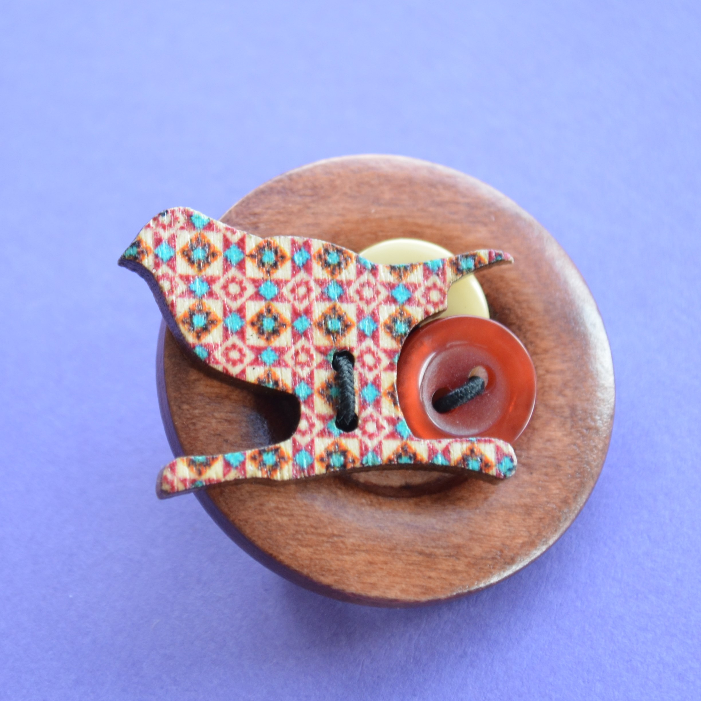 Bird Wooden Button Brooch