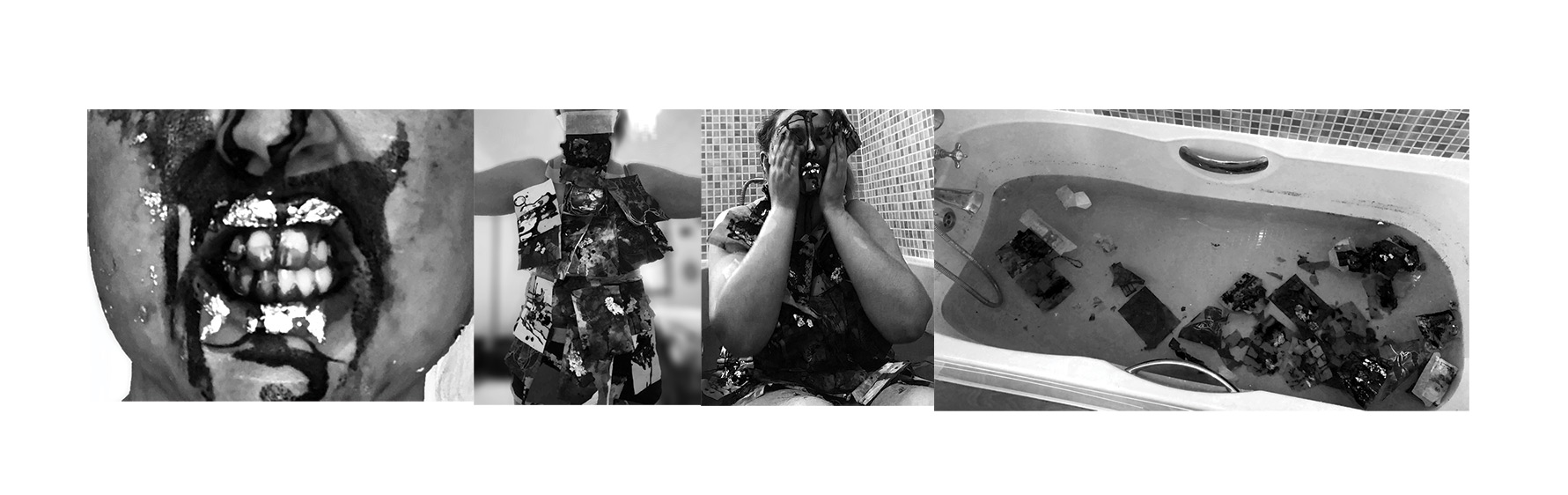 A series of 4 black and white images documenting a performance in the bath