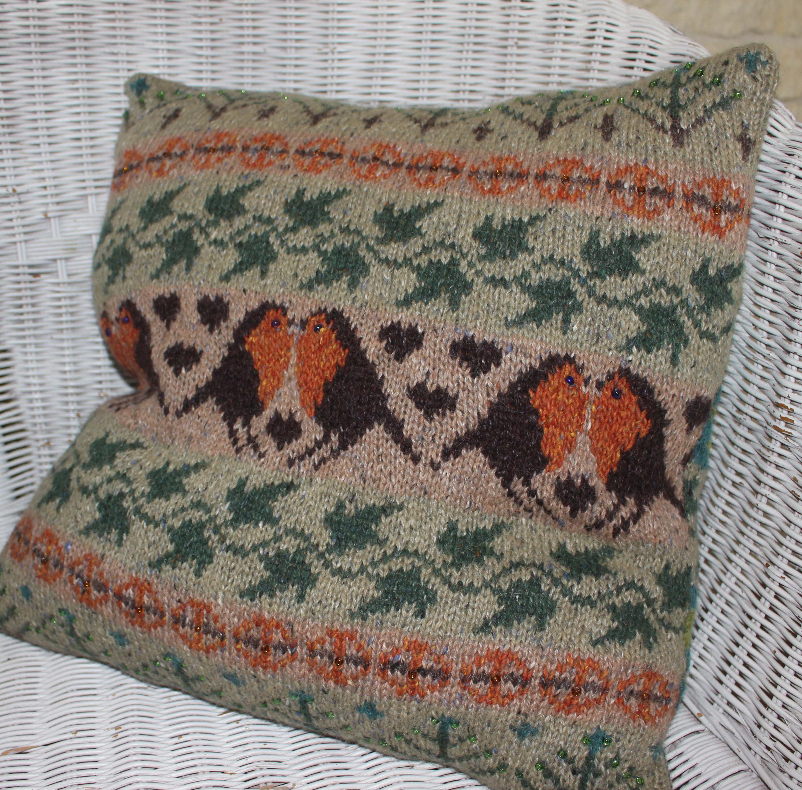 knitting, pattern, pillow, cushion, cover, fairisle, robin