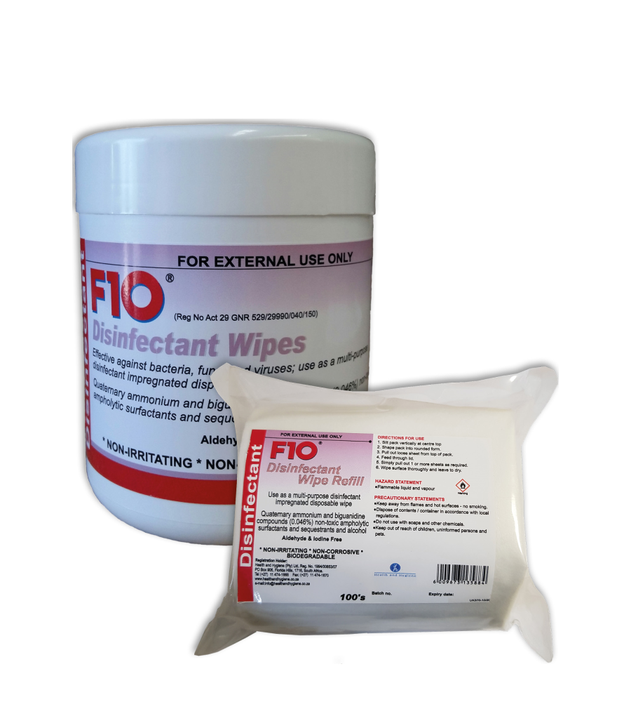 A tub of F10 Disinfectant Wipes and a refill pack
