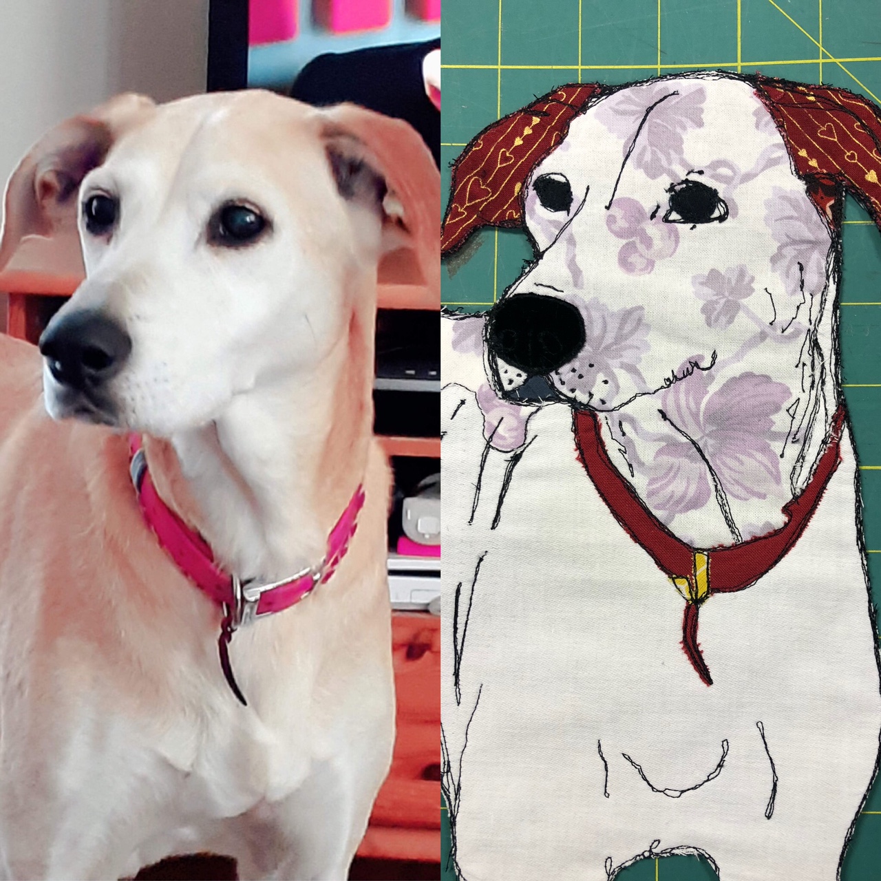 Custom Dog portraits. Free motion embroidered fabric decal. Can be sewn onto a cushion.