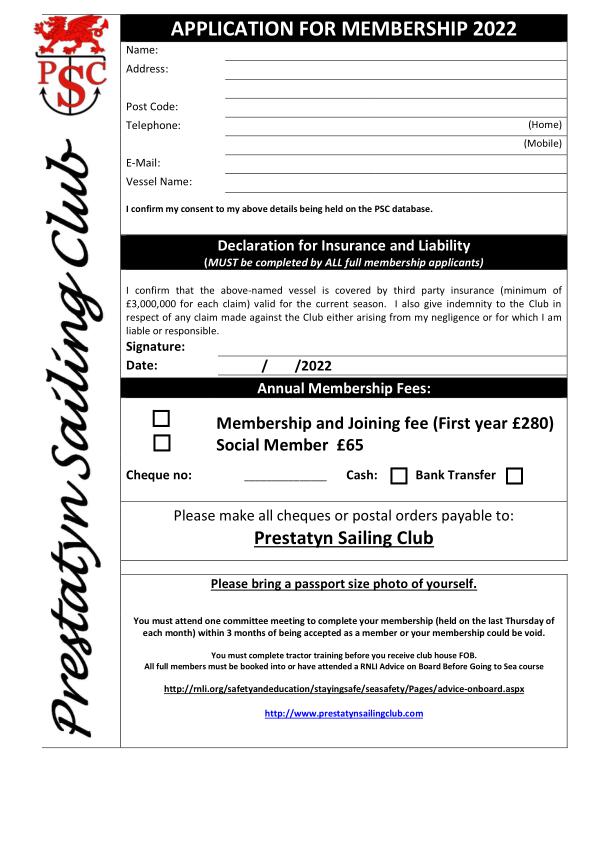 Prestatyn sailing membership form