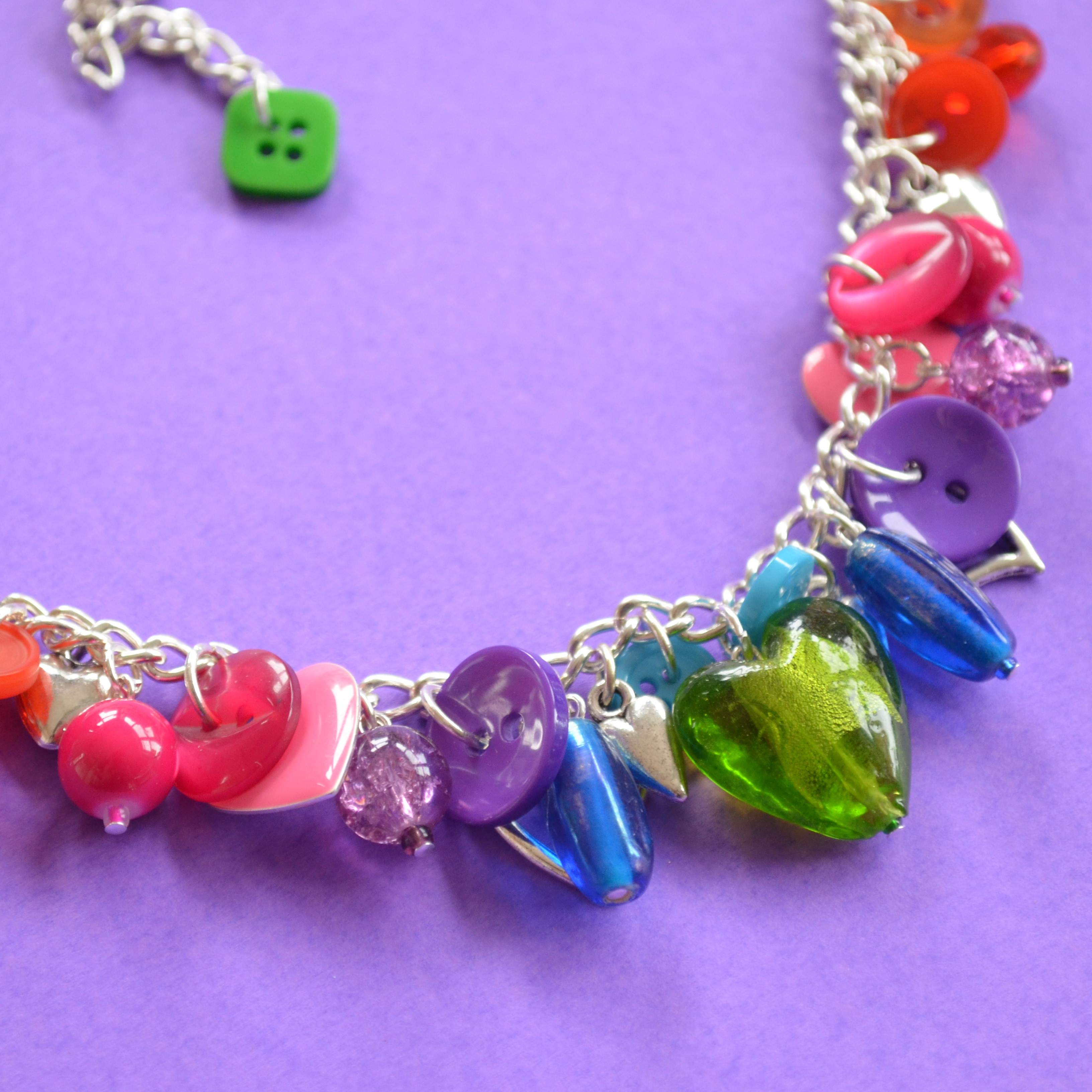 Rainbow Button Bead & Charm Heart Necklace