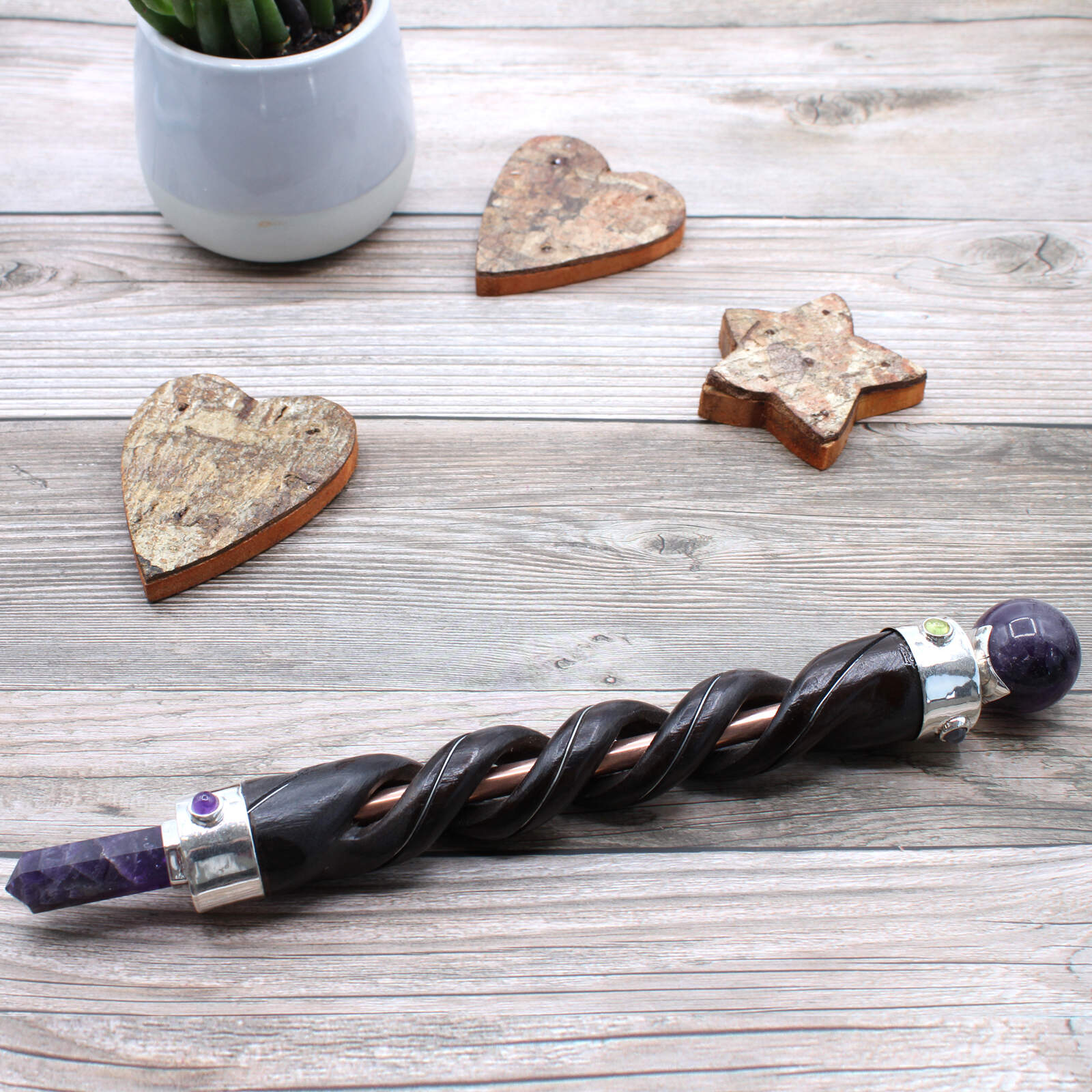 Wand - Copper Pipe Amethyst -(Spiral Carving, Healing)