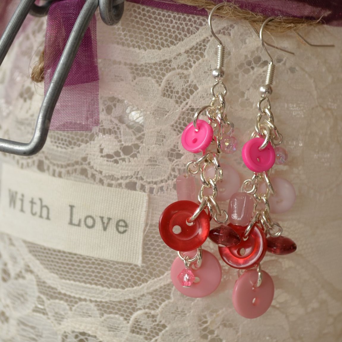 Pink Button & Bead Earrings