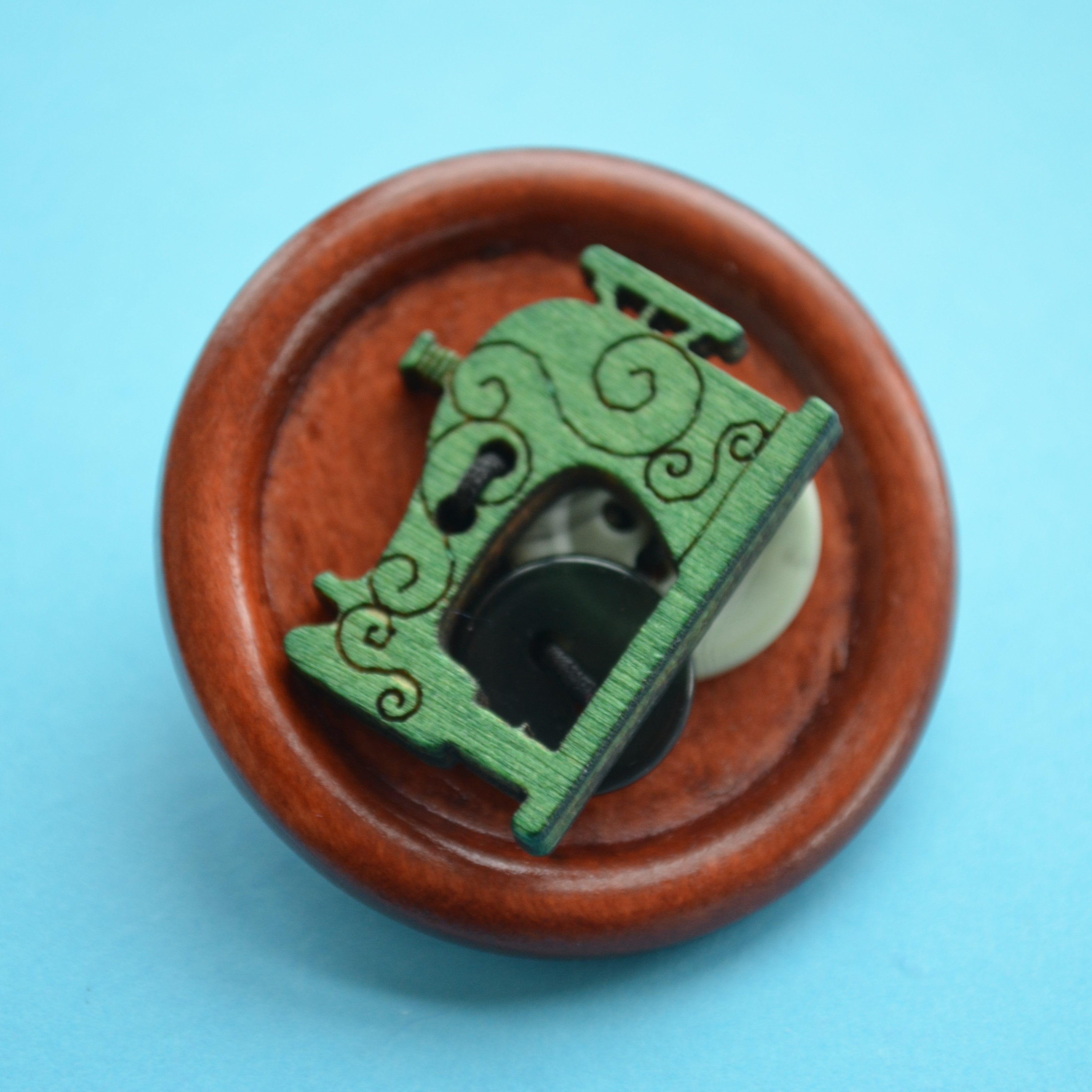 Sewing Machine Wooden Button Brooch