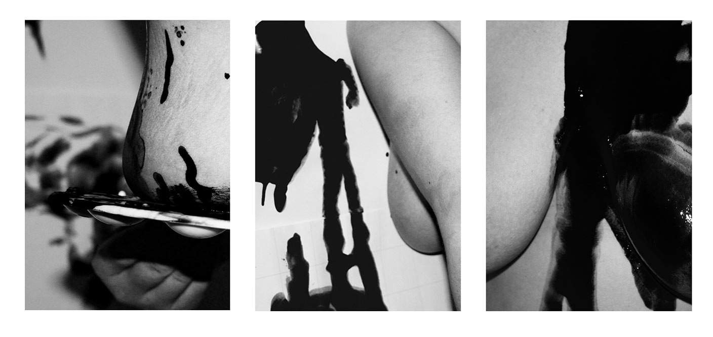 A series of 3 black and white photographs depicting a body printing performance