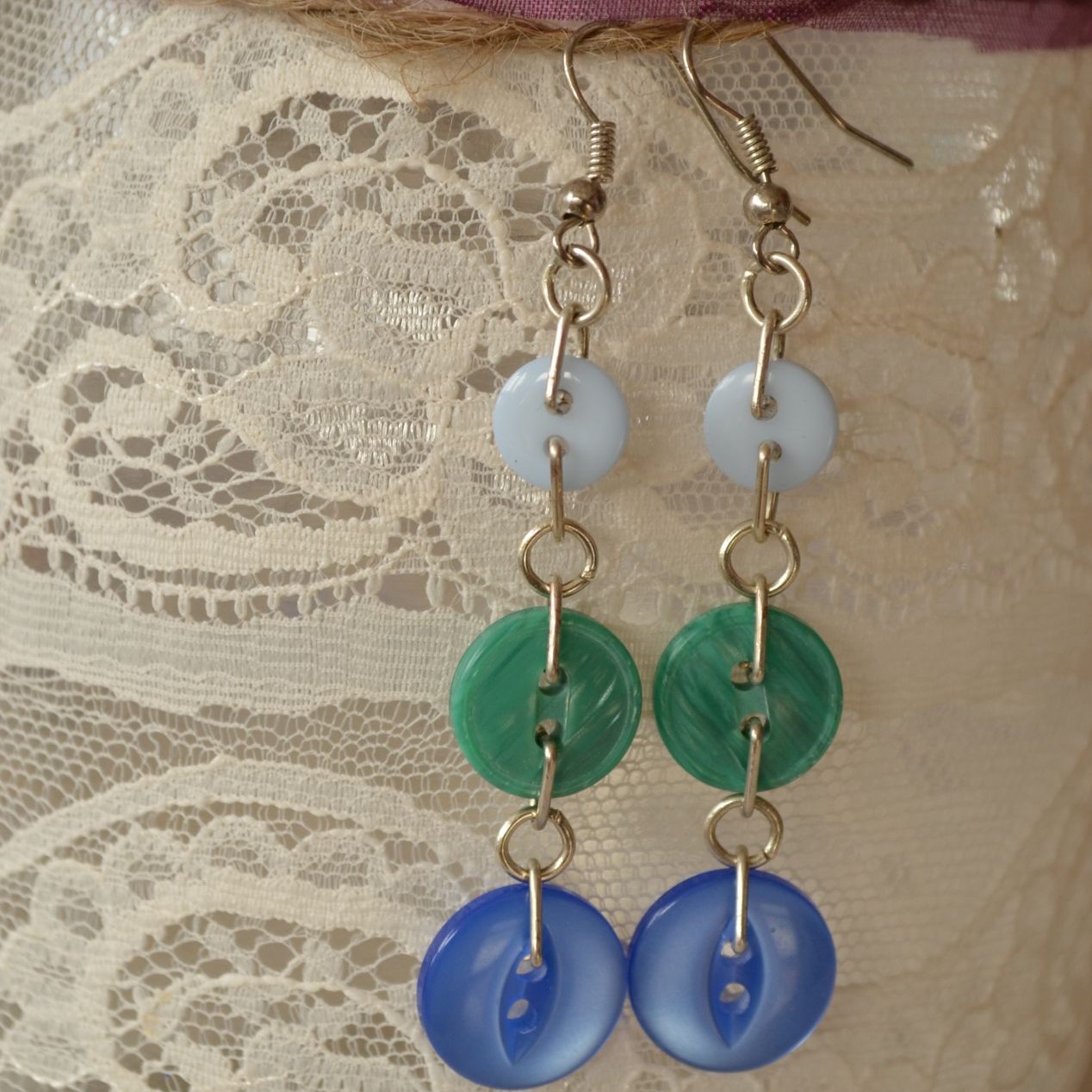 Green & Blue Button Chain Drop Earrings