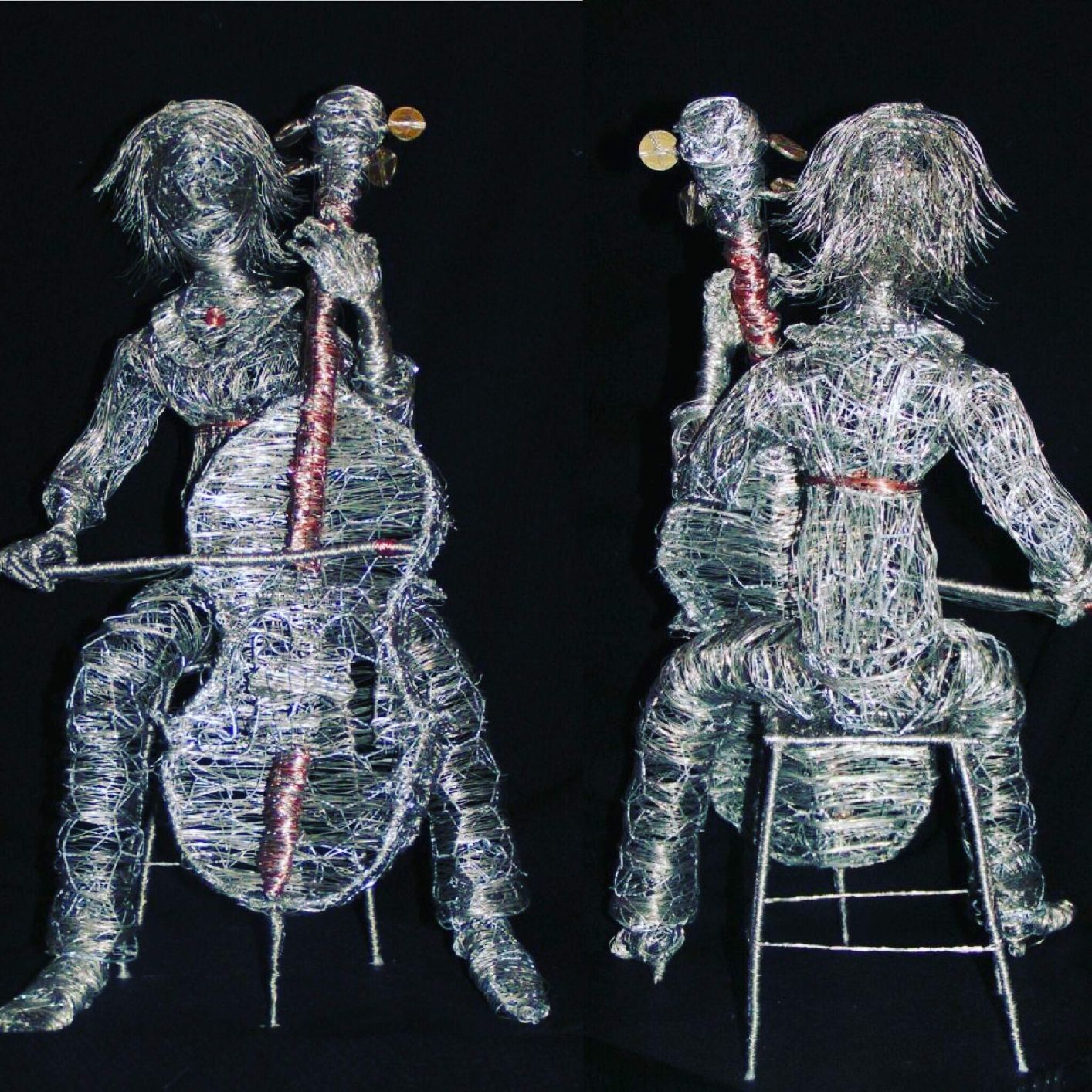 Wire cello player on a black plinth