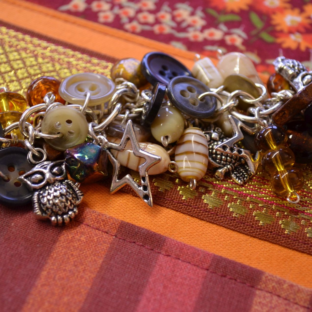 Button, Bead & Owl Charm Bracelet
