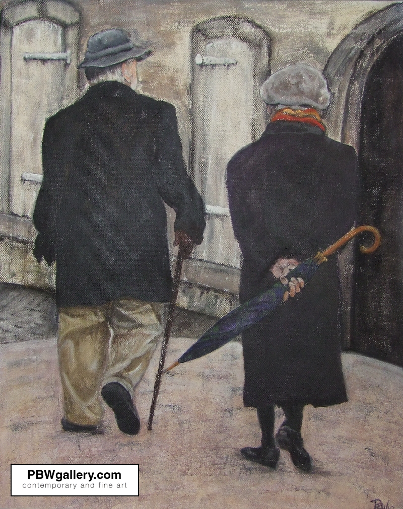 Promenade - a painting of a French street with two elegant French people