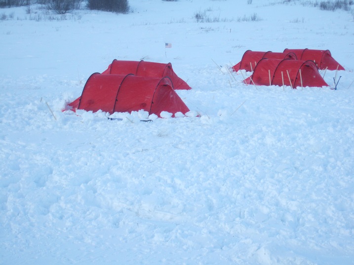 Our tent in the distance as the first day is drawing in. Temperature is around -18 and very cold.