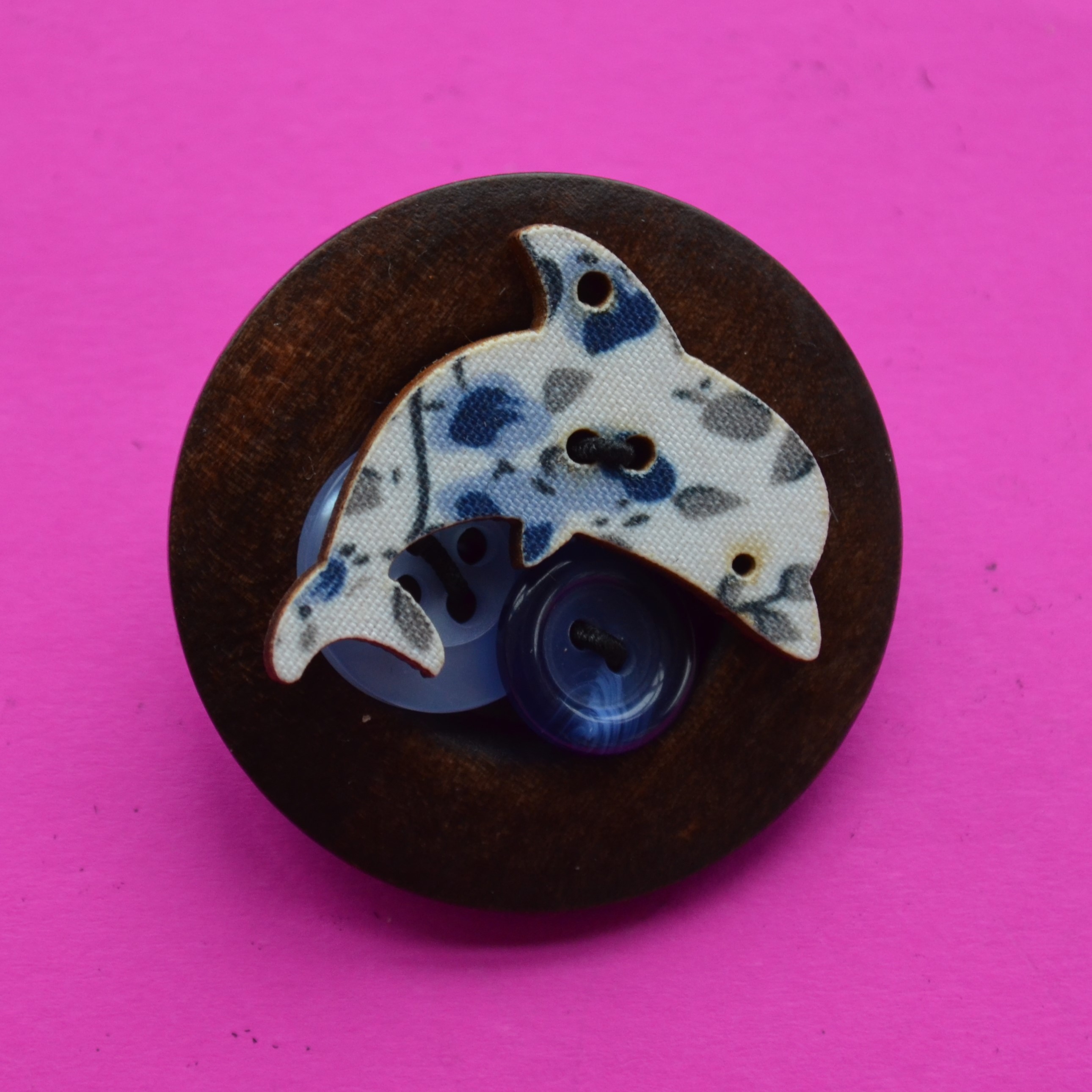 Dolphin Wooden Button Brooch